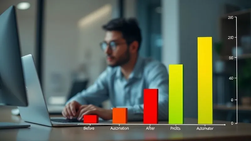A photorealistic, vibrant bar chart showing two bars: "Before Automation" (shorter, red) and "After Automation" (taller, green) representing time saved and profits gained, set against a backdrop of a serene freelancer working efficiently. Cinematic lighting, sharp focus on the chart, depth of field blurring the background. 8K hyper-detailed, professional photography, shot on a high-end DSLR.