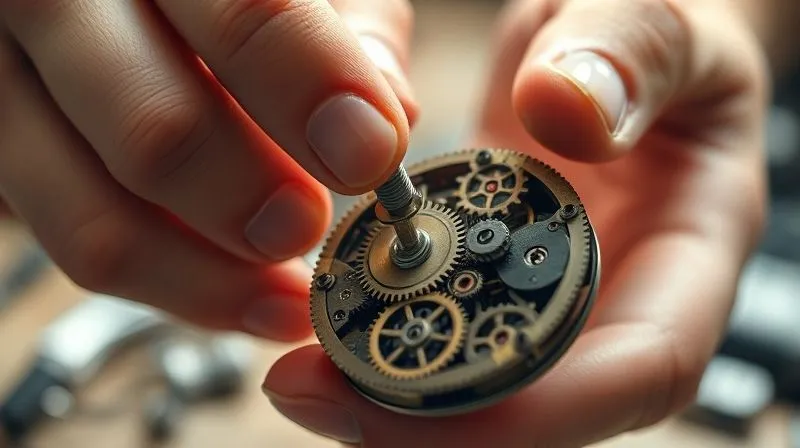 A photorealistic image of a pair of hands, perhaps a freelancer's, delicately adjusting small, intricate gears of a complex, miniature clockwork mechanism. The gears are perfectly aligned but one hand carefully tightens a tiny screw. Cinematic lighting, sharp focus on the hands and gears, depth of field blurring the background, symbolizing continuous optimization. 8K hyper-detailed, professional photography, shot on a high-end DSLR.