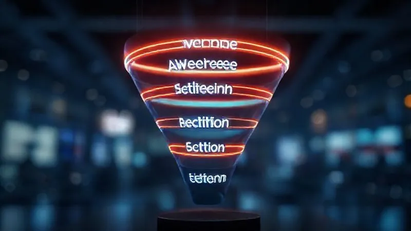 A photorealistic, professional photography of a digital sales funnel represented by glowing, interconnected rings with distinct labels for 'Awareness', 'Interest', 'Decision', 'Action', and 'Retention', flowing seamlessly from top to bottom. Cinematic lighting, sharp focus, depth of field blurring the background, 8K hyper-detailed.