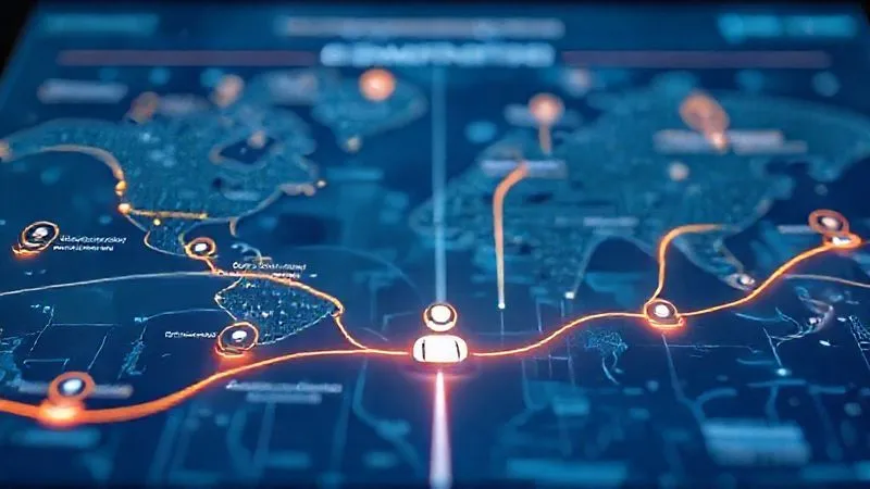 A photorealistic, professional photography of a customer journey map unfolding on a sleek digital interface, with glowing paths representing automated onboarding, support, loyalty programs, and feedback loops. The map shows a happy customer icon at the end, symbolizing retention and advocacy. Cinematic lighting, sharp focus, depth of field, 8K hyper-detailed.