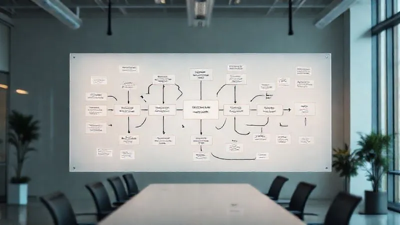 A photorealistic image of a complex but well-organized digital workflow diagram, with arrows indicating automated processes for lead generation, nurturing, sales, and post-sale. The diagram should be glowing softly on a large transparent screen in a modern, minimalist office, 8K, cinematic lighting, sharp focus, depth of field, shot on a high-end DSLR.