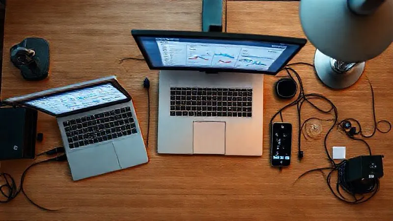 A photorealistic, top-down view of a modern desk setup. On the desk, multiple digital devices (laptop, tablet, smartphone) display different marketing automation dashboards: CRM, email marketing platform, social media scheduler, and an integration tool like Zapier. Wires are neatly organized, with a sense of seamless connectivity. 8K, cinematic lighting, sharp focus on the screens and their data, depth of field, shot on a high-end DSLR.