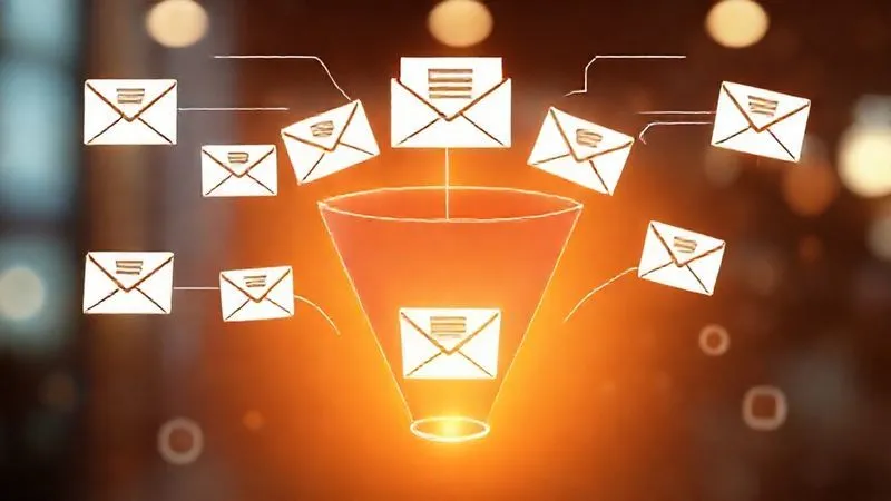 A photorealistic, detailed illustration of an email marketing funnel, with different emails flowing into segmented client lists based on behavior (e.g., opened email, clicked link, purchased product). Each segment leads to a different automated email sequence. The design should be clean, modern, and visually represent data flow and personalization. 8K, cinematic lighting, sharp focus, depth of field, shot on a high-end DSLR.