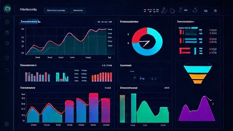 A photorealistic, vibrant dashboard displaying various marketing analytics: a line graph showing sales growth over time, a pie chart breaking down lead sources, a bar chart comparing email open rates, and a funnel visualization showing conversion rates at each stage. The data should be clearly readable and dynamic, set in a modern, dark interface. 8K, cinematic lighting, sharp focus, depth of field, shot on a high-end DSLR.