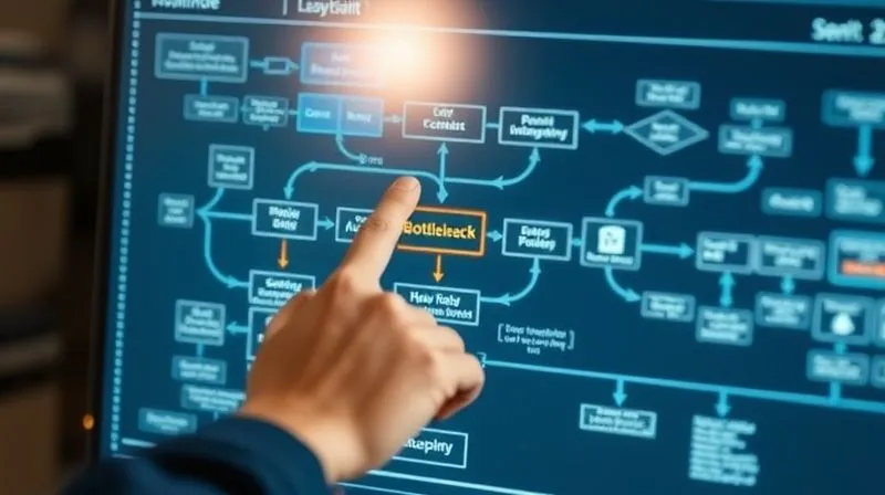 A photorealistic image of a complex but visually appealing flowchart diagram on a digital screen, representing various automated CRM workflows. Arrows connect different stages, showing a logical progression. A human hand, possibly a freelancer's, is pointing at a specific bottleneck in the diagram, indicating analysis and optimization. Cinematic lighting, sharp focus on the diagram, depth of field blurring the background, 8K hyper-detailed, professional photography, shot on a high-end DSLR.