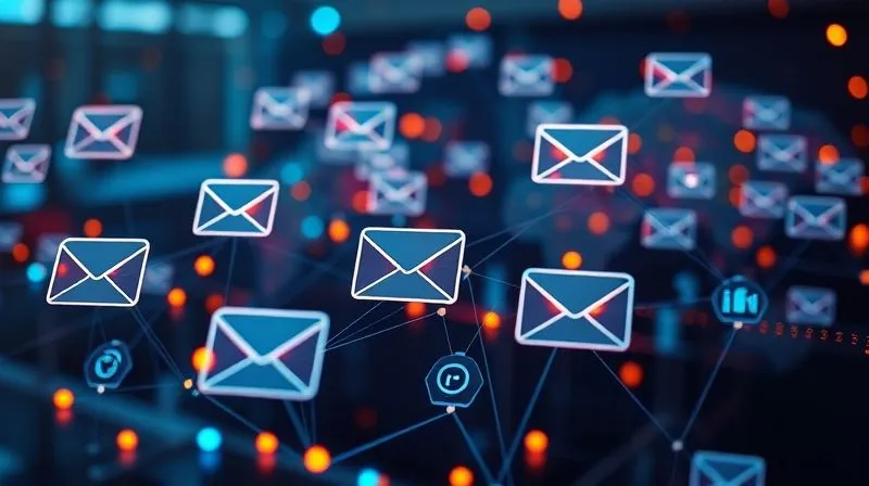 A photorealistic image of a vibrant, interconnected network of digital marketing channels, with emails flowing into inboxes, social media icons glowing, and a central automation dashboard showing real-time analytics. Cinematic lighting, sharp focus on the data visualization, depth of field blurring the background elements. 8K hyper-detailed, professional photography.