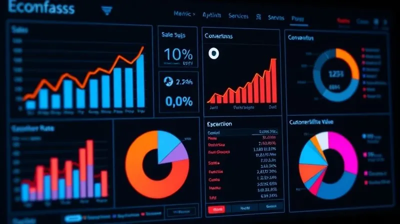 A photorealistic image of a digital dashboard displaying various e-commerce metrics: sales growth charts, conversion rates, customer lifetime value, and a pie chart of marketing channel performance. The data is clean, modern, and visually appealing, with cinematic lighting and sharp focus on the key performance indicators. 8K hyper-detailed, professional photography.