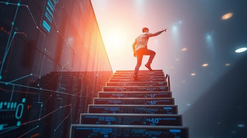 A photorealistic image of a freelancer confidently climbing a digital staircase made of flowing data and interconnected systems, symbolizing overcoming challenges in automation. The path ahead is clear and illuminated, while the background shows a blurring of past obstacles. Cinematic lighting, sharp focus on the determined freelancer, depth of field. 8K hyper-detailed, professional photography.