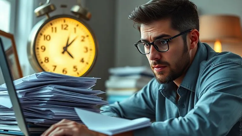 Photorealistic, professional photography, 8K, cinematic lighting, sharp focus, depth of field, shot on a high-end DSLR. A freelancer looking overwhelmed by a pile of papers and a chaotic inbox on a laptop screen, contrasted with a clock showing time rapidly passing. The scene conveys stress and a lack of control over time, with a subtle digital overlay of unanswered emails. The lighting is harsh, emphasizing the struggle.