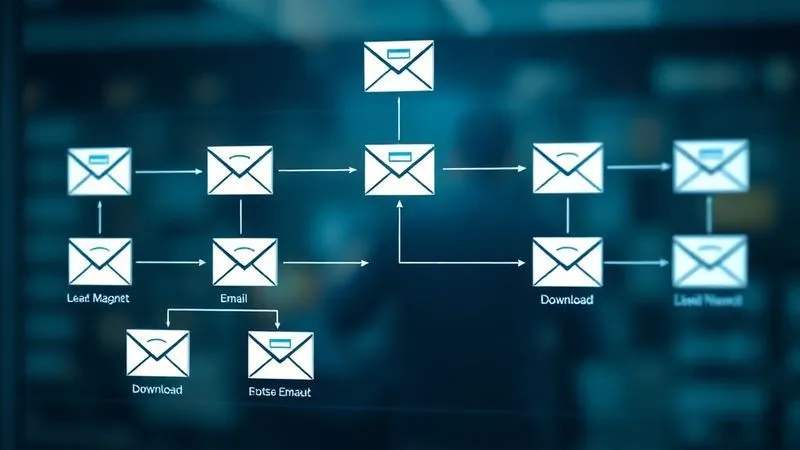 Photorealistic, professional photography, 8K, cinematic lighting, sharp focus, depth of field, shot on a high-end DSLR. A digital flowchart showing interconnected email icons and user actions, illustrating an automated email nurturing sequence. The flow starts with a lead magnet download, branching into different email paths based on user engagement. The visual is clean, modern, and highlights efficiency and strategic planning.