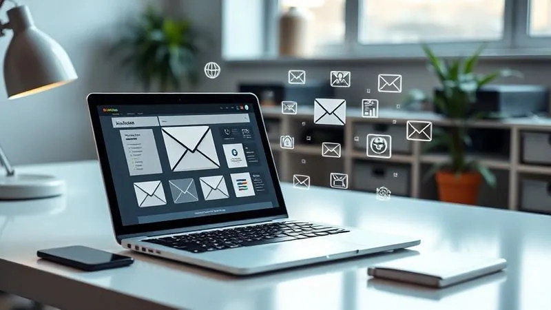 Photorealistic, professional photography, 8K, cinematic lighting, sharp focus, depth of field, shot on a high-end DSLR. A clean, modern desk with a laptop displaying a user-friendly email automation software interface. Various digital icons representing different email marketing tools float around the screen, suggesting integration and choice. The overall feel is one of technological empowerment and efficiency for a freelancer.