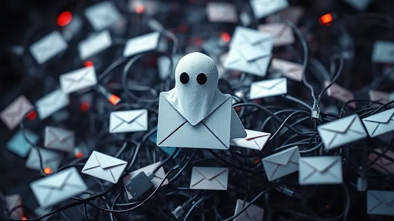 Photorealistic, professional photography, 8K, cinematic lighting, sharp focus, depth of field, shot on a high-end DSLR. A complex, tangled web of digital wires and broken email icons, symbolizing common pitfalls in email automation like generic messages, lack of personalization, and ignored analytics. The image evokes confusion and inefficiency, with a frustrated digital ghost hovering over the mess.