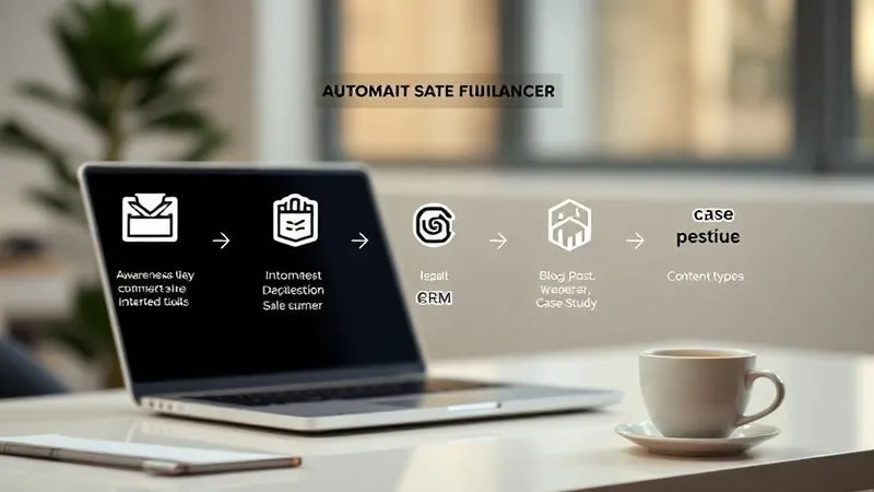 A photorealistic flowchart diagram illustrating a freelancer's automated sales funnel, with distinct stages like 'Awareness', 'Interest', 'Decision', and 'Action'. Each stage shows icons representing automated tasks (e.g., email icon, calendar icon, CRM icon) and content types (e.g., blog post, webinar, case study). The arrows flow smoothly, representing lead progression. The background is a clean, modern workspace with a laptop and coffee. Cinematic lighting, sharp focus on the diagram, depth of field blurring the background, 8K hyper-detailed.