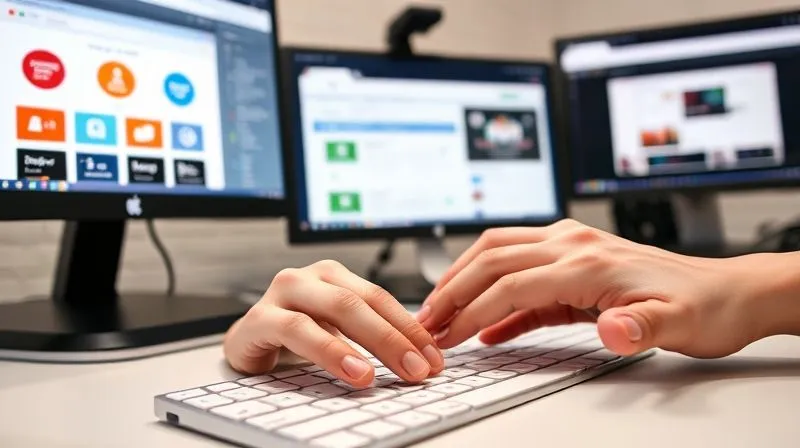 A photorealistic, professional photography, 8K, cinematic lighting, sharp focus, depth of field, shot on a high-end DSLR, of a clean, modern desktop setup with multiple open browser tabs displaying various digital marketing and CRM tools (e.g., ActiveCampaign, Calendly, Mailchimp logos subtly visible). Hands are lightly resting on a keyboard, suggesting effortless control and automation. The mood is efficient, organized, and technologically advanced.