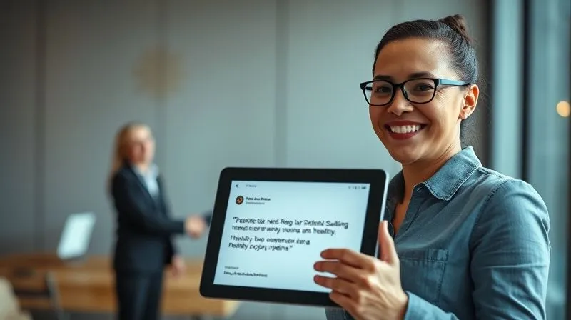 A photorealistic, professional photography, 8K, cinematic lighting, sharp focus, depth of field, shot on a high-end DSLR, of a smiling freelancer, looking confident and relaxed, holding a tablet displaying positive customer testimonials and a healthy project pipeline. In the background, a client (blurred) is shaking hands with another professional, symbolizing successful referral. The mood is triumphant, stable, and prosperous, reflecting client satisfaction and business growth.