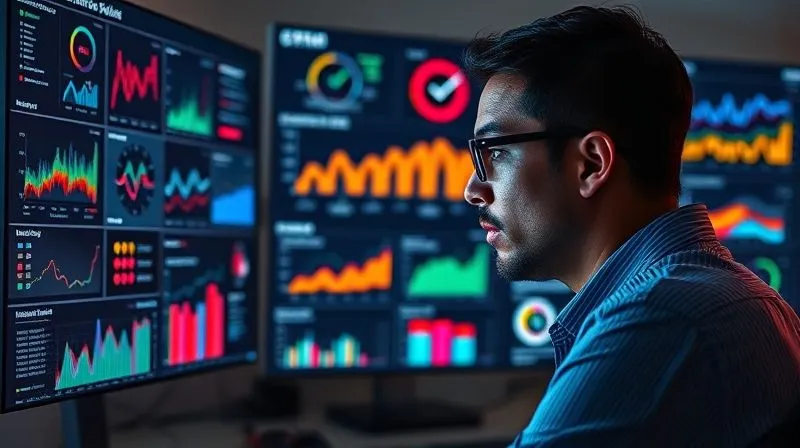 A photorealistic, professional photography, 8K, cinematic lighting, sharp focus, depth of field, shot on a high-end DSLR, of a freelancer intently analyzing a complex digital dashboard filled with various colorful charts and graphs (e.g., sales funnels, conversion rates, lead sources). The screen glows with data, reflecting on their focused face. The setting is a modern, minimalist home office, emphasizing clarity and control over business metrics.