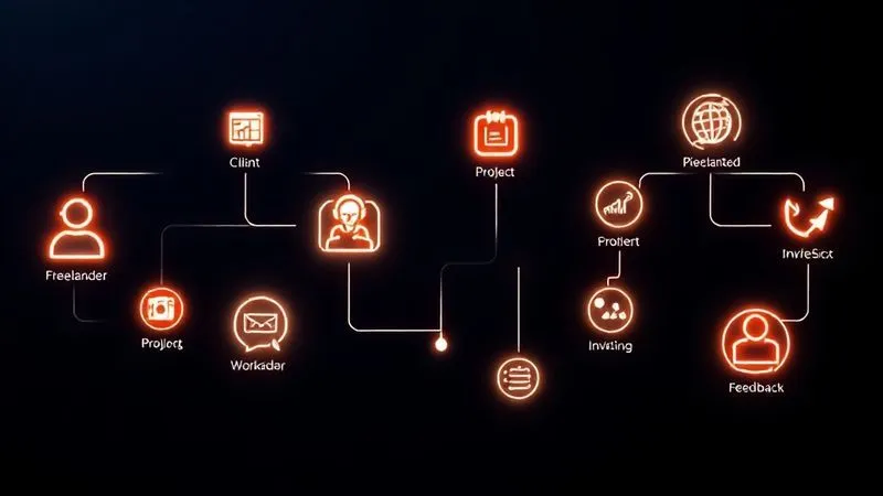 A photorealistic diagram illustrating a seamless freelancer workflow, starting from client inquiry, through project management, to invoicing and feedback. Each stage is represented by a connected digital tool icon, with smooth, glowing lines indicating automated transitions. The overall image conveys efficiency and interconnectedness. 8K, cinematic lighting, sharp focus.