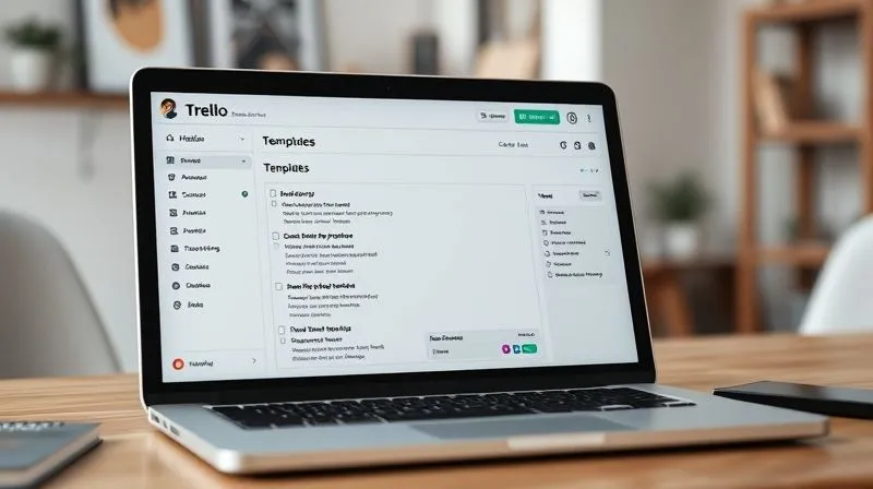 A photorealistic close-up of a Trello board on a laptop screen, showing a list titled 'Templates' with a card expanded, revealing a detailed checklist, attachments, and a due date. The background is a slightly blurred, minimalist home office. Cinematic lighting, sharp focus on the Trello interface, 8K hyper-detailed, professional photography.