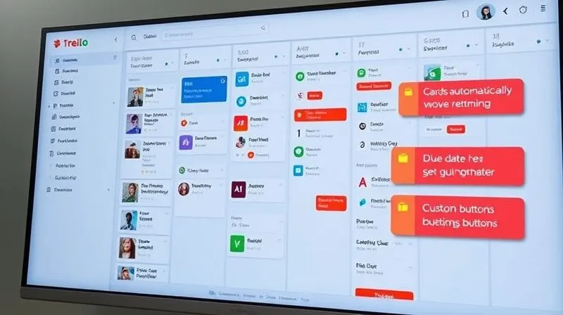 A photorealistic image of a Trello board on a large monitor, showcasing various Butler automations in action: cards automatically moving between lists, due date reminders popping up, and custom buttons highlighted. The screen reflects a focused freelancer's face. Cinematic lighting, sharp focus on the Trello interface, 8K hyper-detailed, professional photography.