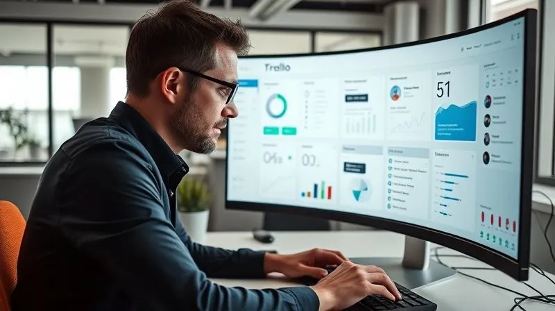 A photorealistic image of a freelancer, mid-thirties, focused intently on a Trello dashboard on a large curved monitor, with various charts and metrics displayed. Their hand is poised over a keyboard, suggesting analysis and optimization. The office is modern, clean, with cinematic lighting. Sharp focus on the freelancer and screen, 8K hyper-detailed, professional photography.