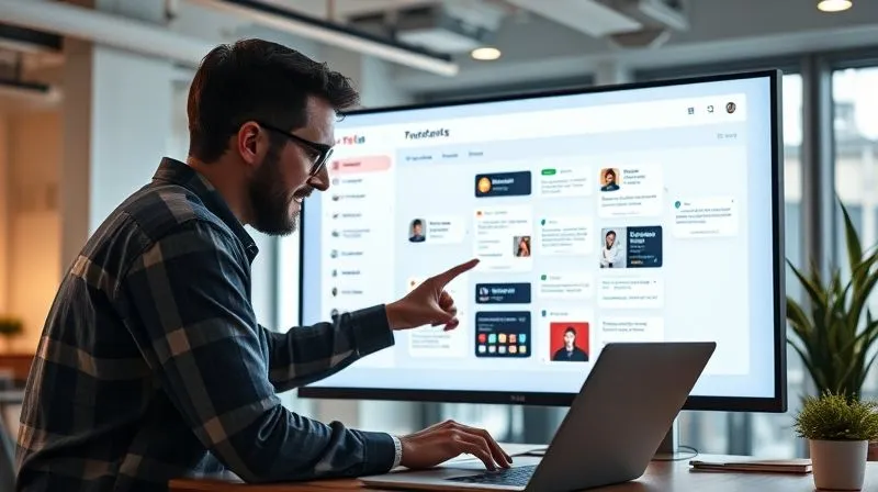 A photorealistic image of two freelancers, one experienced and one junior, collaborating seamlessly on a shared Trello board displayed on a large screen. The senior freelancer is pointing to an automated workflow, explaining a process. The setting is a modern, bright co-working space with cinematic lighting. Sharp focus on their interaction and the Trello board, 8K hyper-detailed, professional photography.