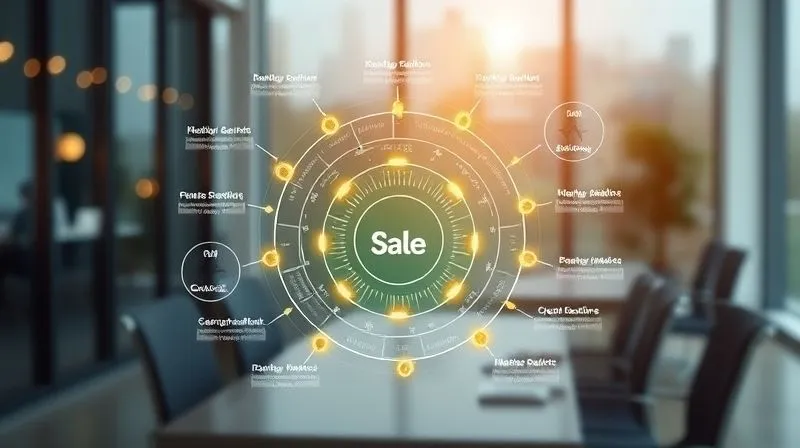 A photorealistic, professional photography image of a complex sales funnel diagram, with glowing data points highlighting bottlenecks and opportunities for automation, rendered in 8K with cinematic lighting, sharp focus on the central diagram, depth of field blurring a modern office background, shot on a high-end DSLR.