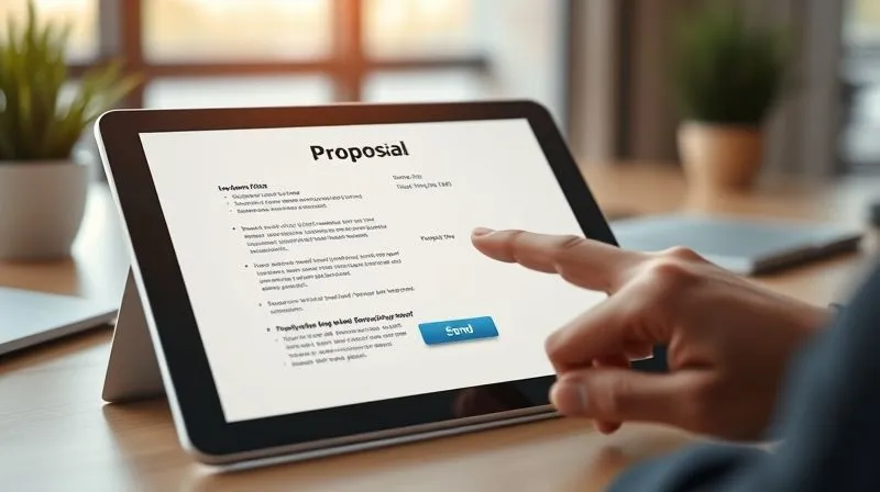 A photorealistic image of a sleek tablet screen displaying an interactive, professional digital proposal with various content blocks, dynamic fields, and an e-signature button. A freelancer's finger is about to tap the 'send' button. The scene is bathed in soft, inviting cinematic lighting, sharp focus on the tablet, depth of field blurring a modern workspace, 8K hyper-detailed, professional photography, shot on a high-end DSLR.