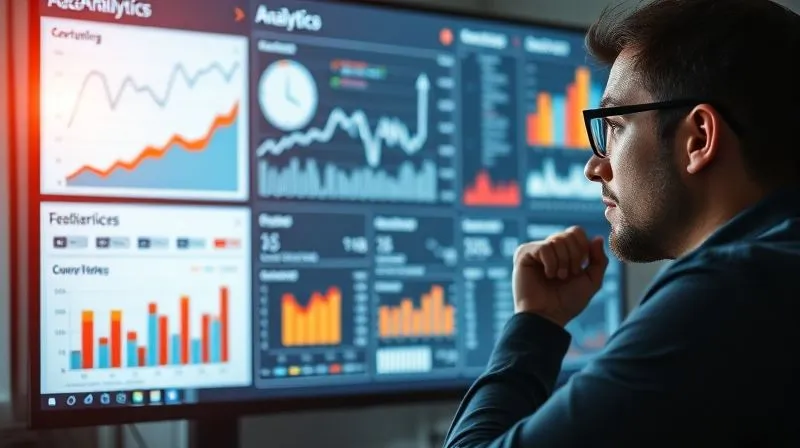 A photorealistic, professional photography image of a data analytics dashboard displayed on a large monitor, showing various charts and graphs (conversion rates, sales pipeline, time-to-close) with key performance indicators highlighted. A freelancer is thoughtfully analyzing the data. The scene features cinematic lighting, sharp focus on the screen, depth of field blurring the background, 8K hyper-detailed, shot on a high-end DSLR.