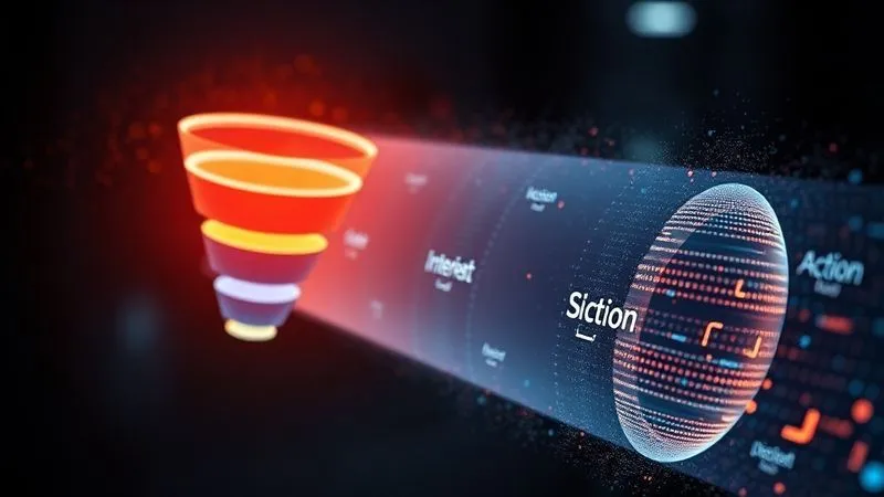 A photorealistic visualization of a sales funnel with distinct stages (Awareness, Interest, Decision, Action) depicted as glowing segments, with data flowing seamlessly between them. Cinematic lighting, sharp focus, depth of field, 8K, professional photography.