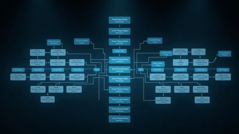 A photorealistic visualization of a complex, branching email follow-up sequence flow chart, with decision points and different paths for engagement. The chart is illuminated by soft, cinematic light, with sharp focus on the pathways, 8K, professional photography.