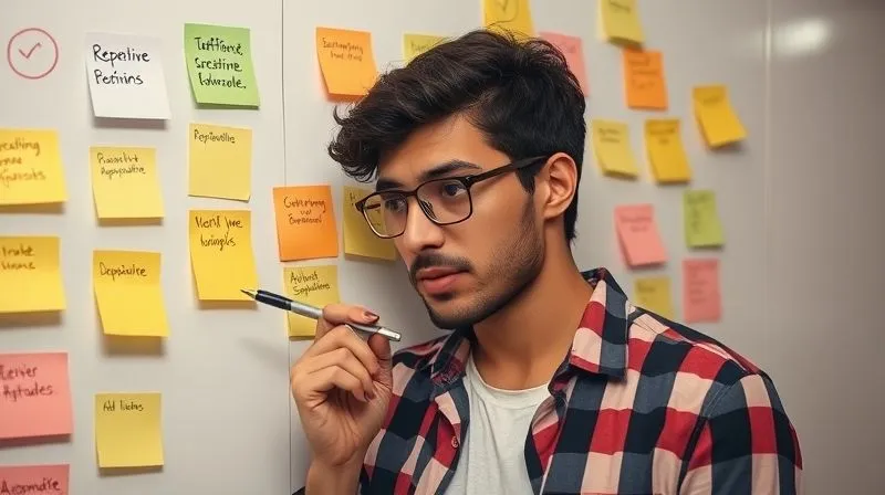 A photorealistic image of a freelancer looking thoughtfully at a whiteboard covered with sticky notes, each representing a task, some highlighted with a red circle indicating 'repetitive' and a green checkmark indicating 'automatable'. The freelancer has a pen in hand, deep in thought, with cinematic lighting and sharp focus. 8K hyper-detailed, professional photography, shot on a high-end DSLR.