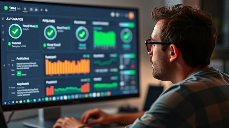 A photorealistic image of a freelancer's dashboard on a computer screen, showing various automated tasks running smoothly in the background, with green checkmarks indicating successful completion. In the foreground, the freelancer is focused on a creative design project, looking relaxed and productive. Cinematic lighting, sharp focus on the creative work, depth of field blurring the background automation, 8K hyper-detailed, professional photography, shot on a high-end DSLR.