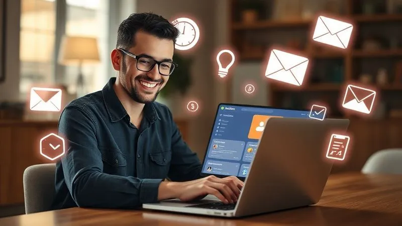 A photorealistic, professional photography, 8K, cinematic lighting, sharp focus, depth of field, shot on a high-end DSLR, of a happy and organized freelancer working on a sleek laptop, with the Notion interface prominently displayed, showing various databases and tasks. Around the laptop, subtle, glowing icons representing productivity (a clock, a dollar sign, a checkmark, an email envelope) float in an organized, harmonious manner, illustrating efficiency and control. The freelancer has a relaxed, confident smile.