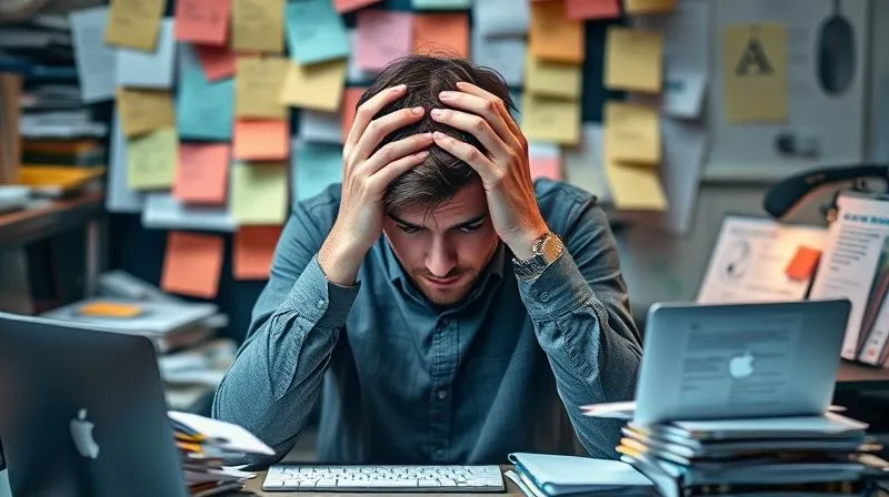 A photorealistic image of a freelancer looking overwhelmed by a mountain of digital sticky notes and open browser tabs, representing urgent repetitive tasks. The person holds their head in their hands, surrounded by a cluttered desk. Cinematic lighting, sharp focus on the person, depth of field blurring the background. 8K hyper-detailed, professional photography, shot on a high-end DSLR.