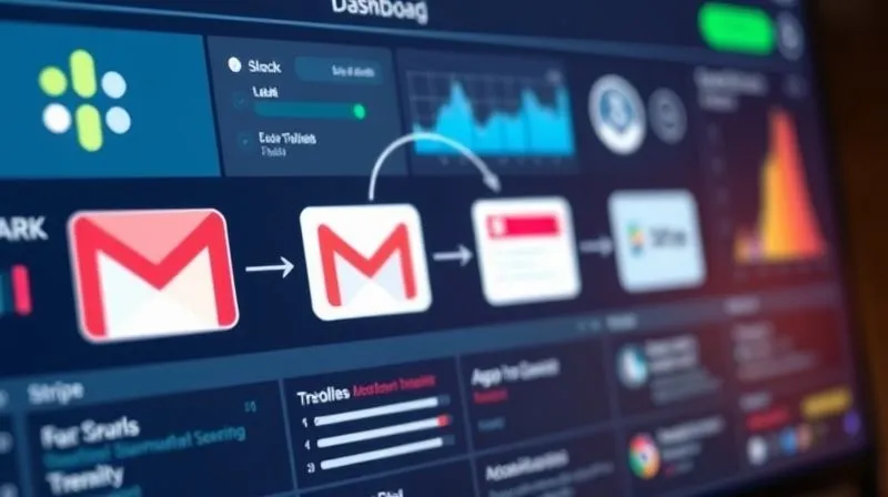 A photorealistic image of a sleek, modern digital dashboard showing various interconnected apps (Slack, Gmail, Trello, Stripe logos subtly integrated) with arrows representing data flow and automation. The interface is clean and intuitive, suggesting ease of use. Cinematic lighting, sharp focus, depth of field. 8K hyper-detailed, professional photography, shot on a high-end DSLR.