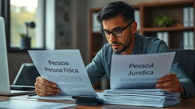 Photorealistic image of a Brazilian freelancer, male or female, thoughtfully reviewing two piles of documents labeled 'Pessoa Física' and 'Pessoa Jurídica', with a calculator and a subtle glow of strategic insight. Professional office setting, 8K, cinematic lighting, sharp focus, depth of field, shot on a high-end DSLR.