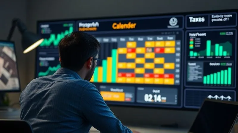 Photorealistic image of a freelancer looking at a digital dashboard or spreadsheet with financial projections and a calendar, indicating tax deadlines. The scene should convey foresight and control over finances. Professional, clean desk, 8K, cinematic lighting, sharp focus, depth of field, shot on a high-end DSLR.