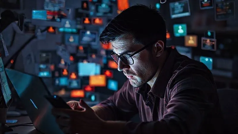 A photorealistic image of a freelancer's desk overwhelmed with glowing digital notifications popping up from a laptop, smartphone, and tablet, creating a chaotic, stressful atmosphere. The freelancer's face shows frustration and exhaustion. Dark, cinematic lighting, sharp focus on the digital overload, 8K hyper-detailed, professional photography.