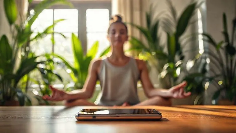A photorealistic image of a person meditating peacefully in a sunlit room, surrounded by lush green plants. The smartphone is placed face down on a table in the background, out of focus, symbolizing disconnection and mental clarity. Soft, warm cinematic lighting, sharp focus on the person, 8K hyper-detailed, professional photography.