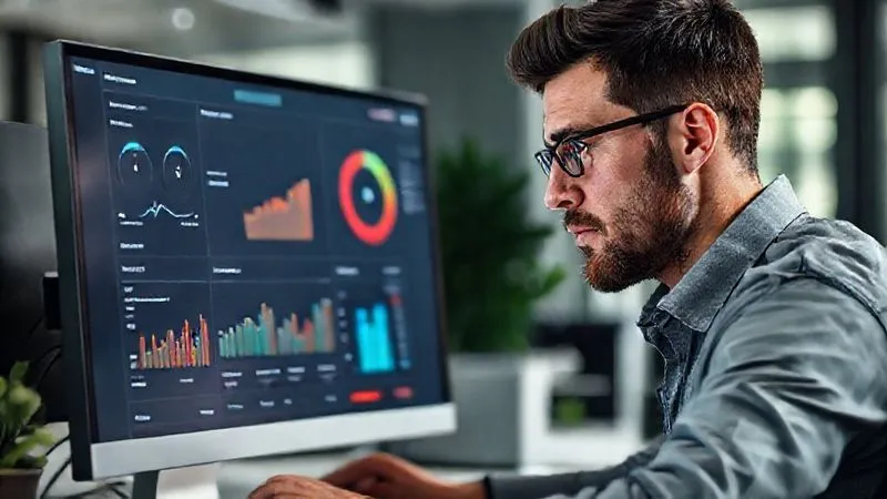A photorealistic image of a freelancer analyzing a detailed dashboard on a computer screen, showing productivity metrics like time spent on tasks, number of interruptions, and project progress. The person is focused, with a thoughtful expression. Clean, modern office environment, cinematic lighting, sharp focus on the screen and face, 8K hyper-detailed, professional photography.