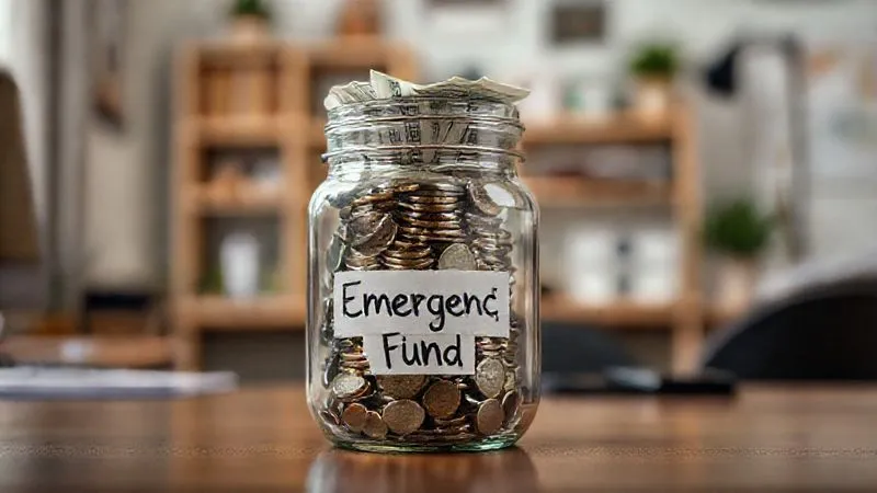 A photorealistic image of a stack of various coins and banknotes securely placed inside a transparent glass jar labeled "Emergency Fund", with a small, neatly organized home office in the blurred background, cinematic lighting, sharp focus on the jar, depth of field blurring the surroundings, 8K hyper-detailed, shot on a high-end DSLR.