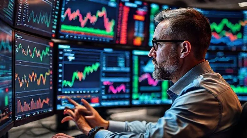 A photorealistic image of a freelancer analyzing various financial charts and graphs on a multi-monitor setup, with a focused expression. The screens display FII performance, dividend yields, and market trends. Cinematic lighting, sharp focus on the freelancer and the data, depth of field blurring the background, 8K hyper-detailed, shot on a high-end DSLR.