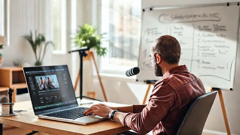 A photorealistic image of a freelancer creating an online course, with a laptop displaying video editing software, a microphone, and a whiteboard with course modules outlined. The setting is a modern, sunlit home office, with cinematic lighting and sharp focus on the creative process. 8K hyper-detailed.