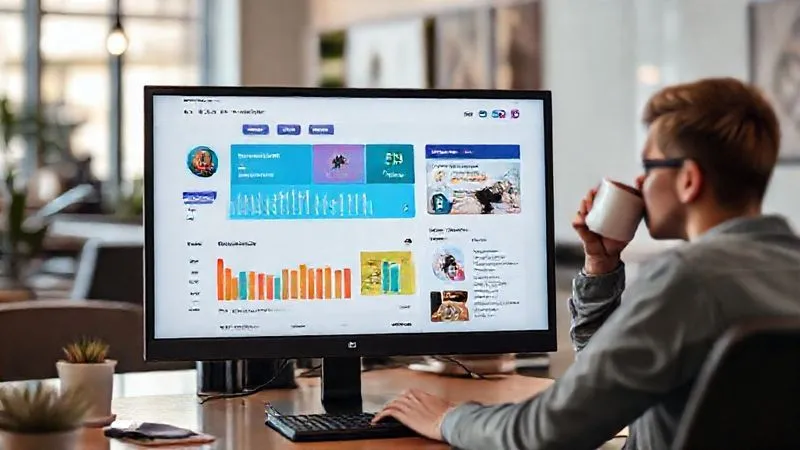 A photorealistic image of a vibrant blog dashboard on a computer screen, showing analytics, posts, and monetization options. In the background, a person is casually sipping coffee, suggesting passive engagement. The scene is brightly lit, modern, and inviting, with sharp focus on the screen. 8K hyper-detailed.