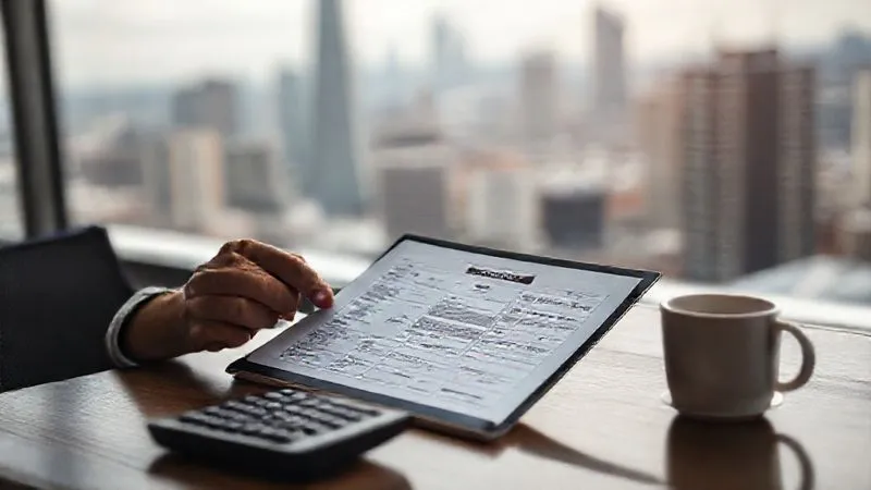 A photorealistic image of a freelancer looking thoughtfully at a complex tax form on a tablet, with a calculator and a coffee cup on the desk. The background shows a blurred cityscape, suggesting global work. Cinematic lighting, sharp focus on the tablet and freelancer's face, depth of field, 8K hyper-detailed, professional photography, shot on a high-end DSLR.