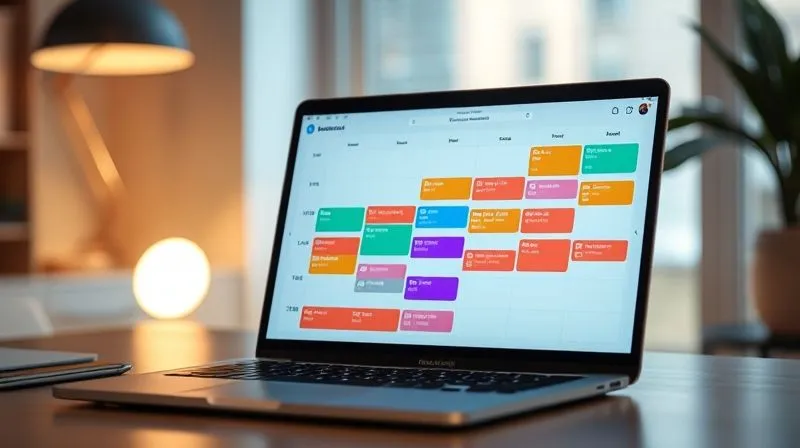 A photorealistic, professional photography image of a digital calendar on a laptop screen, showing clearly defined color-coded blocks for different types of work (e.g., "Deep Work", "Client Meetings", "Admin Tasks"). The screen is glowing softly in a modern, minimalist workspace. cinematic lighting, sharp focus on the screen, depth of field blurring the background, 8K hyper-detailed, shot on a high-end DSLR.