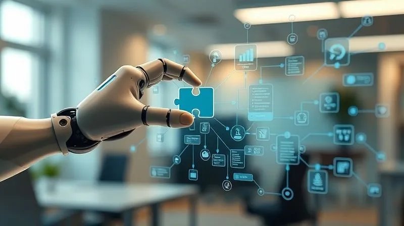A photorealistic, professional photography image of a friendly, futuristic robot hand gently placing a puzzle piece into a complex, interconnected digital workflow diagram, symbolizing automation and efficiency. The background is a clean, modern office with soft, warm cinematic lighting. sharp focus on the robot hand and diagram, depth of field blurring the background, 8K hyper-detailed, shot on a high-end DSLR.