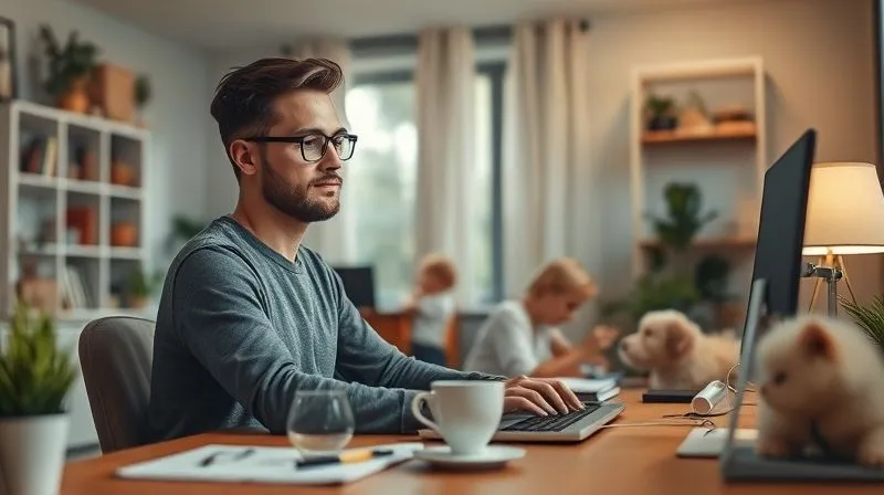 A photorealistic, professional photography image of a transparent, shimmering force field gently separating a focused freelancer at a desk from a blurred, bustling background of home life (family, pets, leisure activities). The freelancer is calm and productive, symbolizing clear boundaries. cinematic lighting, sharp focus on the freelancer, depth of field blurring the background, 8K hyper-detailed, shot on a high-end DSLR.