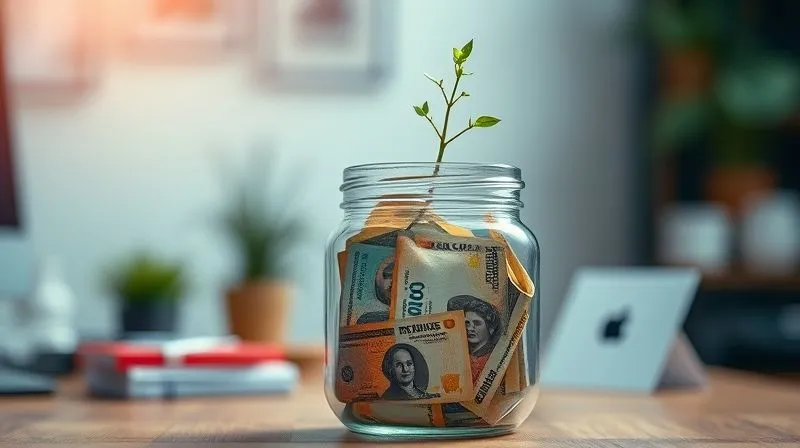 Photorealistic, professional photography, 8K, cinematic lighting, sharp focus, depth of field, shot on a high-end DSLR. A glass jar filled with various denominations of Brazilian Reais (money), with a small plant sprouting from the top, symbolizing growth and stability. The background is a blurred, warm-toned home office setting, conveying a sense of calm and financial health.