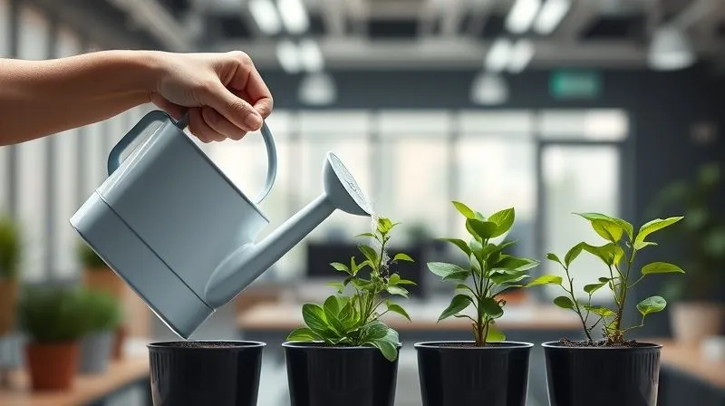 Photorealistic, professional photography, 8K, cinematic lighting, sharp focus, depth of field, shot on a high-end DSLR. A hand holding a watering can, watering several different types of plants (representing diverse income streams) in separate pots, all thriving under a soft, even light. The background is a blurred, modern office space, conveying growth and stability.